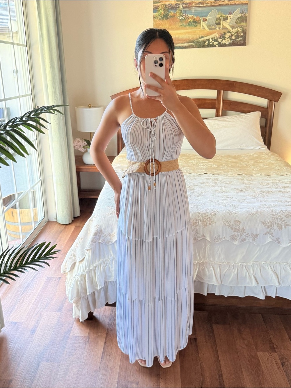 Kona Sol Tiered Maxi Dress White Gray Stripe Keyhole Back